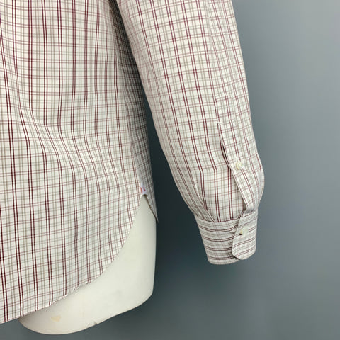 ISAIA Size XL Plaid White & Brown Cotton Button Up Long Sleeve Shirt