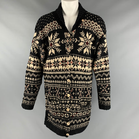 RALPH LAUREN Taille L Cardigan flocon de neige en laine et soie crème noire