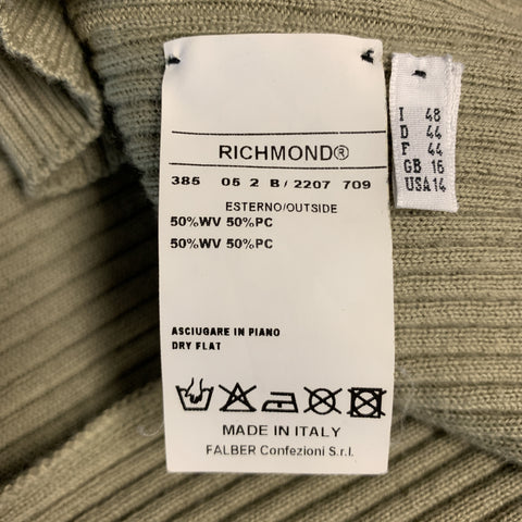 JOHN RICHMOND Taille S Olive Ribbed Knit Gold Graphic Wool Blend Crew-neck Pull Pull