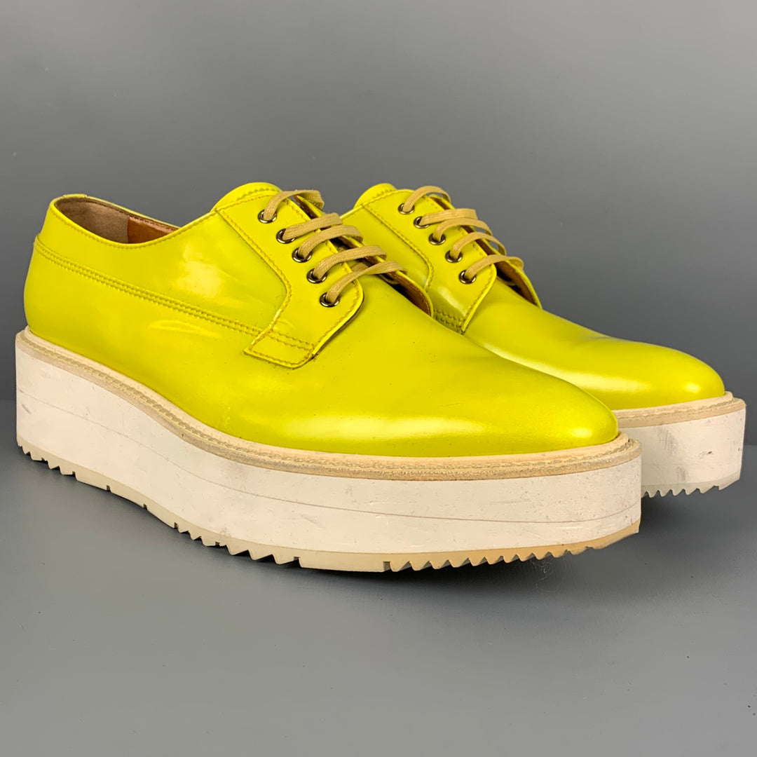 PRADA Size 11 Yellow White Leather Platform Lace Up Shoes