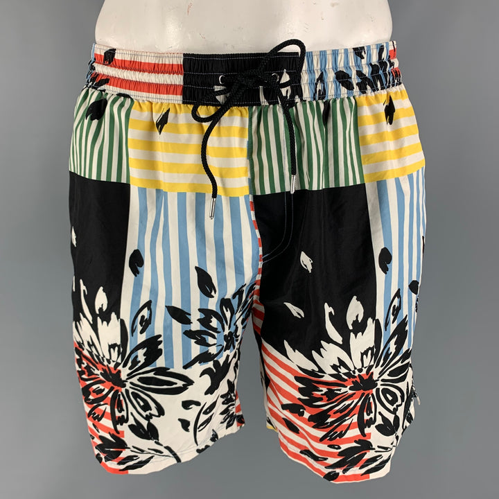 BURBERRY Size XL Multi-Color Black Stripe Polyester Swim Trunks