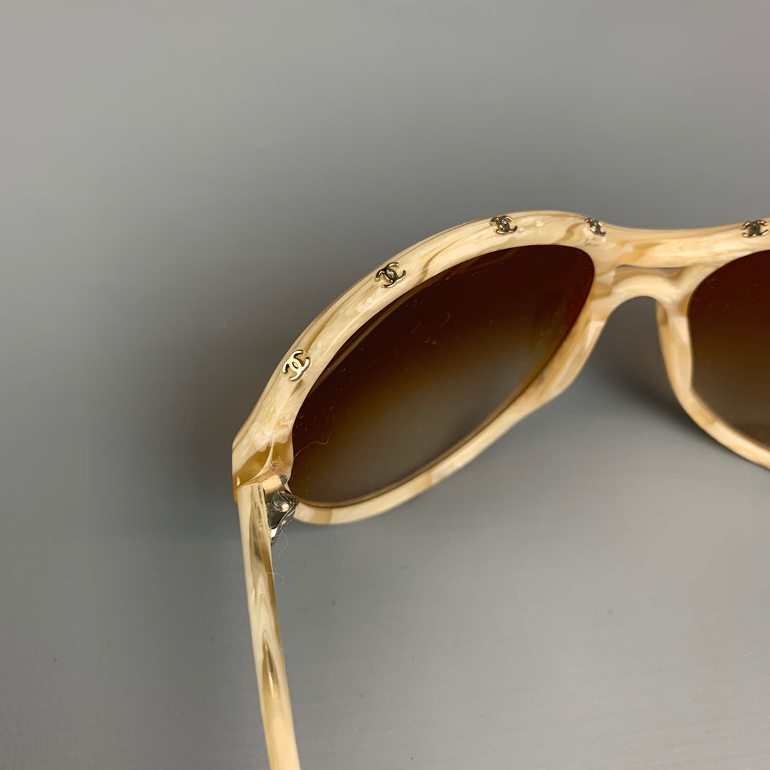 CHANEL Beige Studded Acetate Round Sunglasses