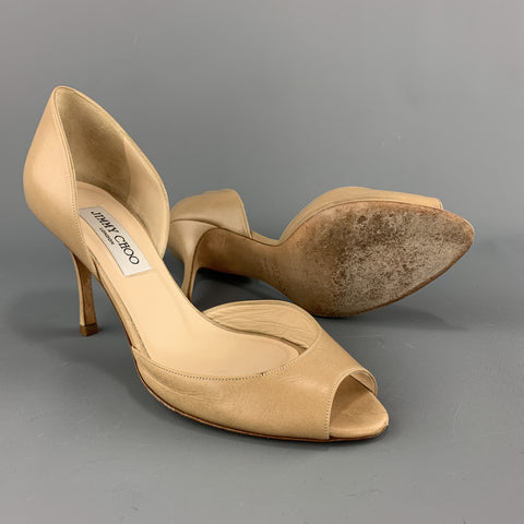 JIMMY CHOO Size 7.5 Beige Leather D'Orsay Peep Toe Pumps