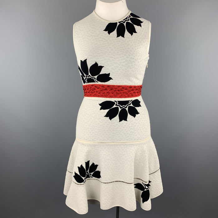 ALEXANDER MCQUEEN Size L White & Black Floral Ruffle Skirt Cocktail Dress