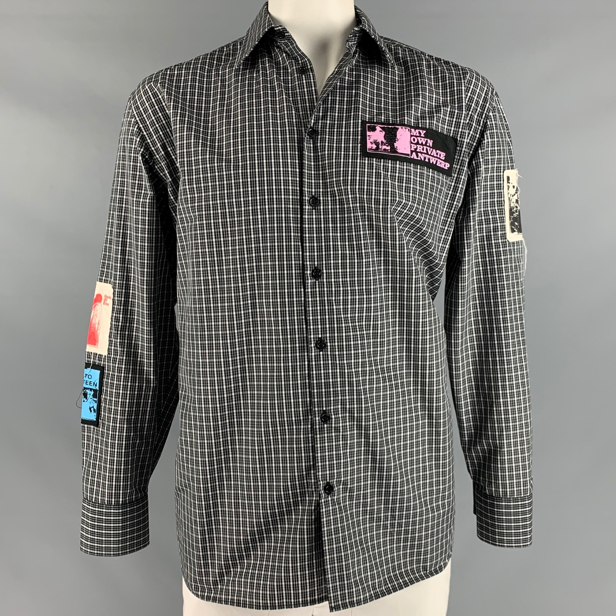 RAF SIMONS Size 44 Black White Checkered Cotton Polyester Long Sleeve Shirt