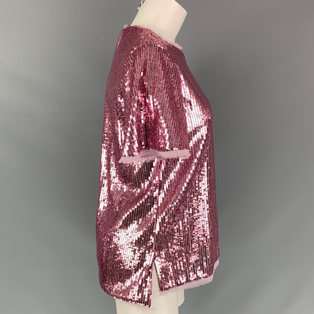 PRABAL GURUNG Size 0 Pink Polyester Sequined Short Sleeve Dress Top