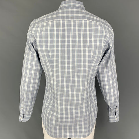 PRADA Size L Grey Light Blue Plaid Cotton Patch Pocket Long Sleeve Shirt