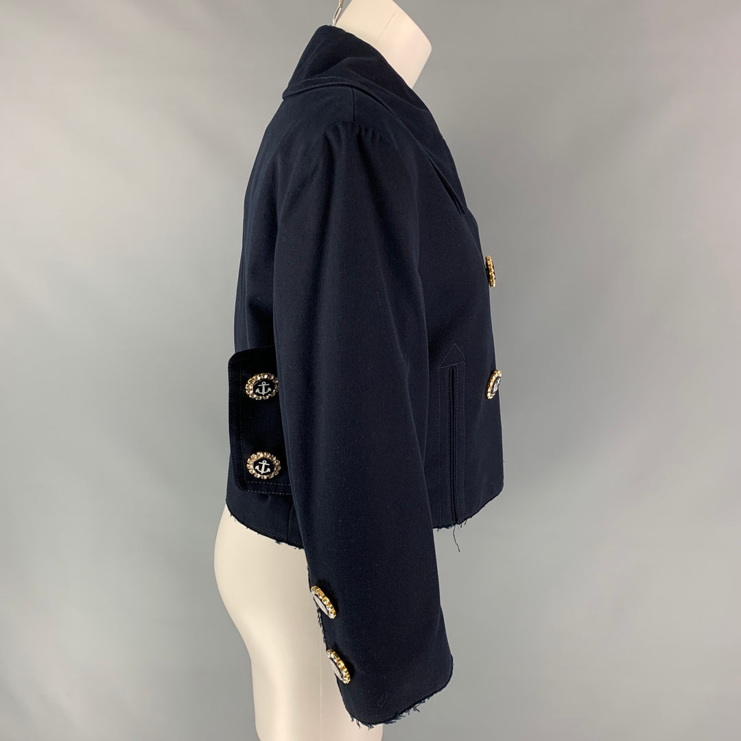 DOLCE & GABBANA Size 6 Navy Cotton Rhinestone Anchor Double Breasted Nautical Jacket