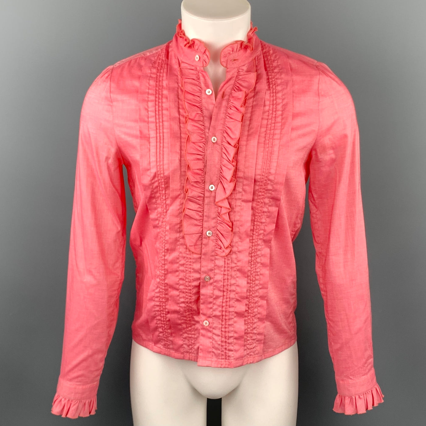 GUCCI Size S Coral Cotton / Viscose Ruffle Long Sleeve Shirt