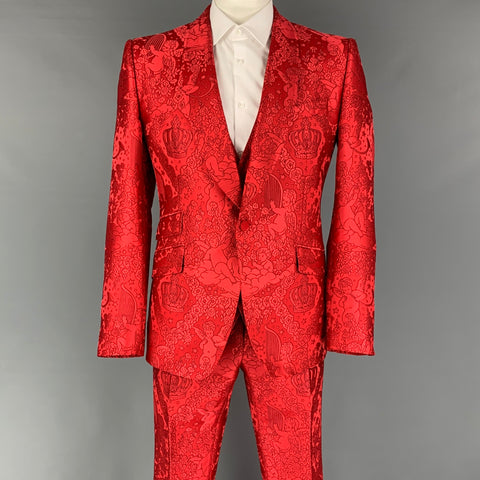 DOLCE & GABBANA Sicilia Size 44 Regular Red Jacquard Polyester Notch Lapel 3 Piece Suit