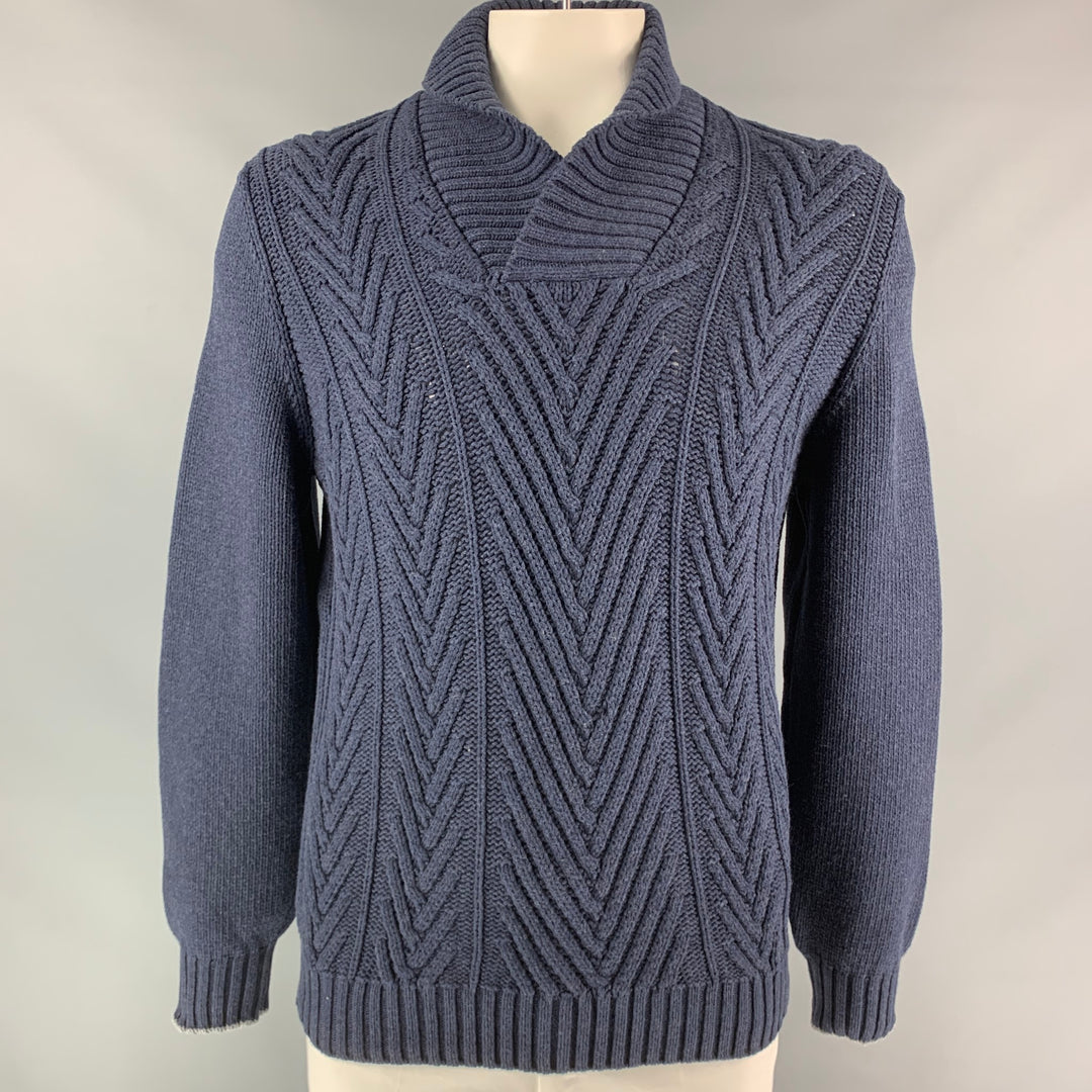 BRUNELLO CUCINELLI Size L Navy Knitted Cotton / Polyamide Shawl Collar Sweater