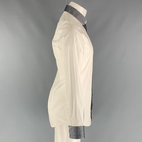 DOLCE &amp; GABBANA Taille S Chemise à manches longues en coton uni blanc et gris avec patte cachée