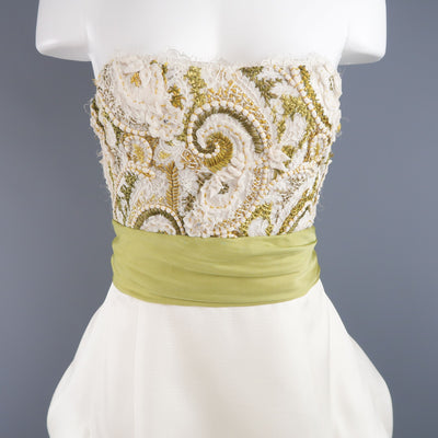 MONIQUE LHUILLIER Size 10 Cream Gold Green Lace Bodice Bolero Gown