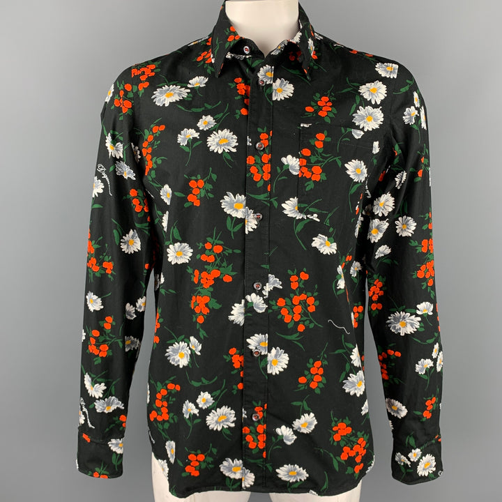 DSQUARED2 Size L Black Floral Cotton Button Up Long Sleeve Shirt