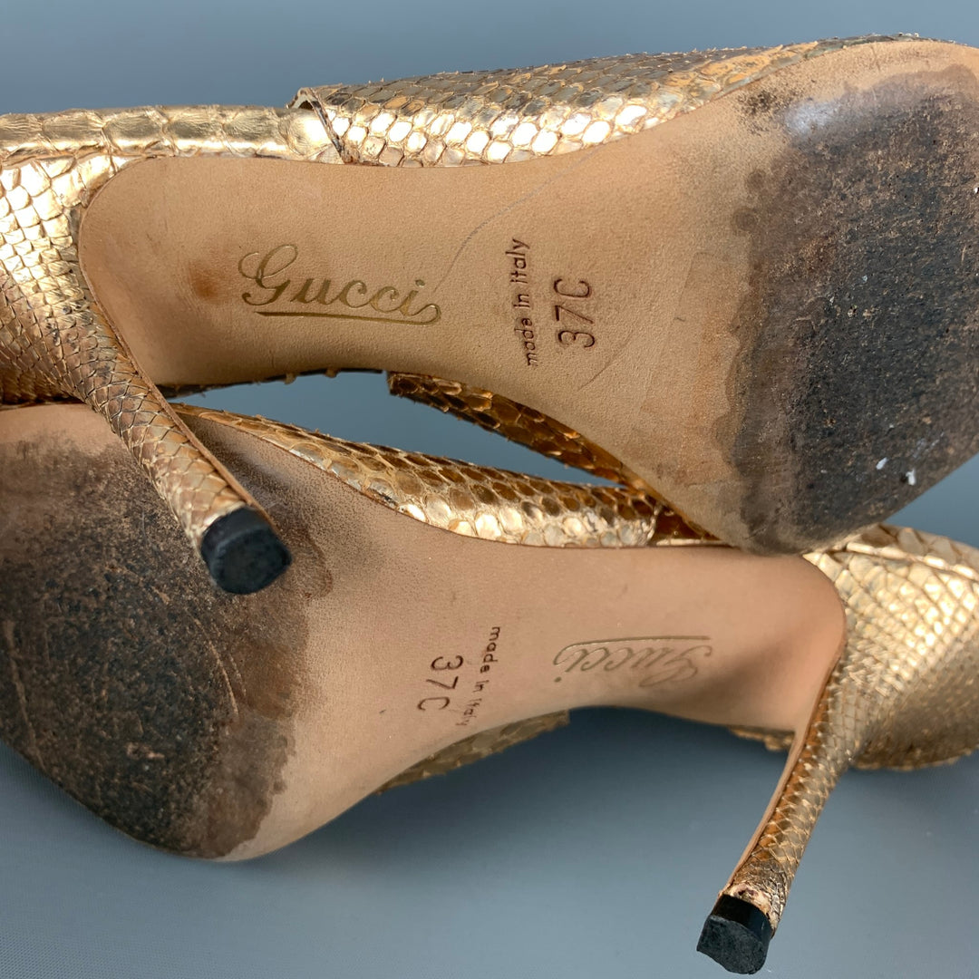 GUCCI Size 7 Gold Snake Skin Leather Slingback Heel Sandals