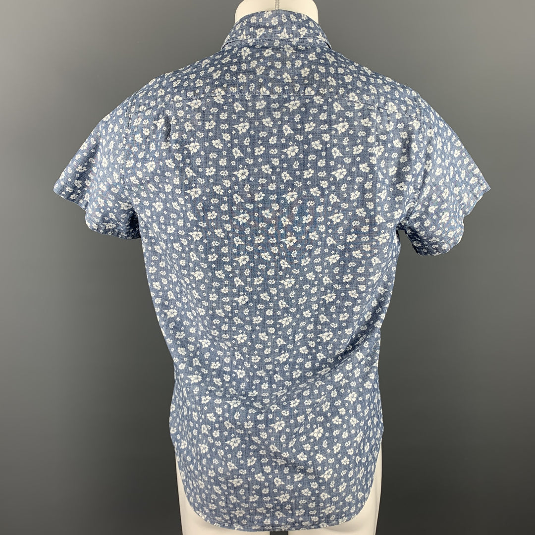 J CREW Size S Indigo Floral Cotton Button Up Short Sleeve Shirt
