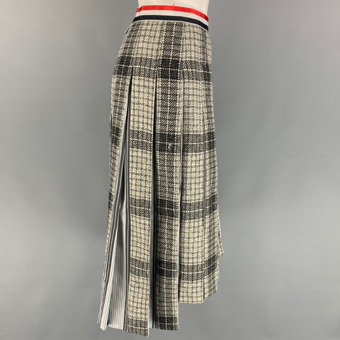 THOM BROWNE Talla 4 Falda plisada a media pierna de lana a cuadros gris