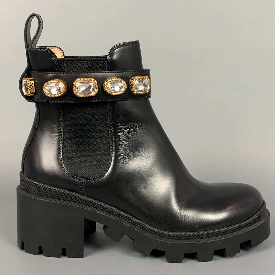 GUCCI Size 5 Black Leather Trip Embellished Ankle Boots