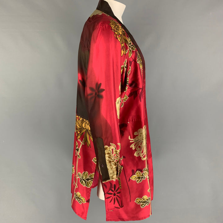 Vintage GUCCI by TOM FORD SS 2001 Size L Red Gold Chrysanthemum Print Silk Tunic Long Sleeve Shirt