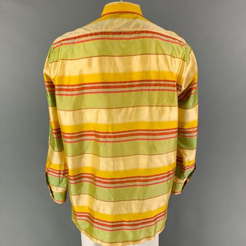 ETRO Size 50 Yellow Green Stripe Silk Tunic Long Sleeve Shirt