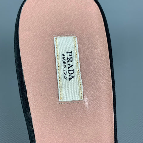 PRADA Size 8 Black Silk Aplique Patent Leather Kitten Heel Sandals