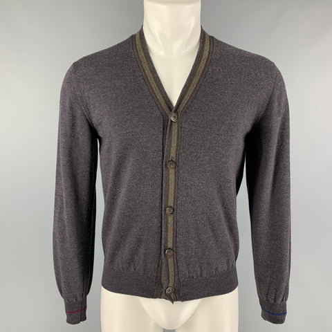 ETRO Size L Eggplant Wool V-Neck Cardigan