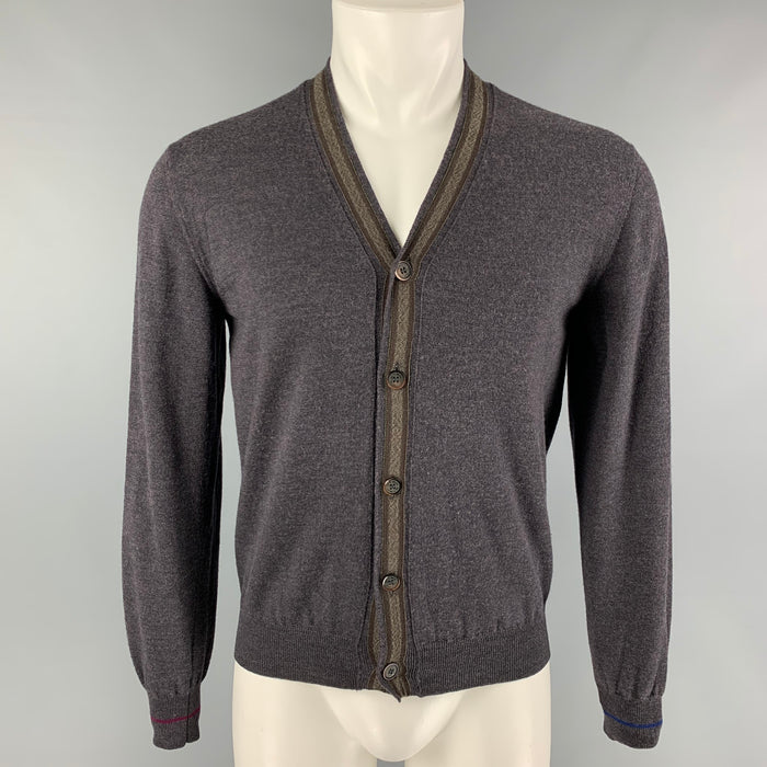 ETRO Size L Eggplant Wool V-Neck Cardigan