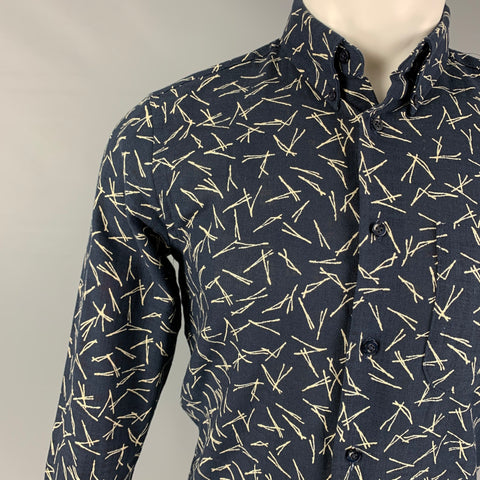 NAKED AND FAMOUS Size S Navy Cream Print Cotton Long Sleeve Shirt