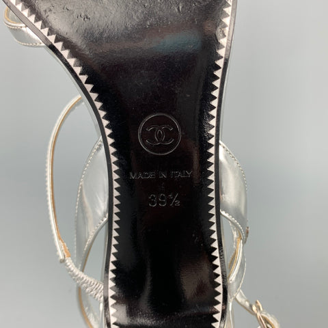 CHANEL Size 9.5 Silver Leather Strappy Sandals