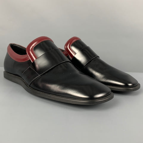 PRADA Size 7.5 Black Burgundy Two Toned Leather Square Toe Loafers