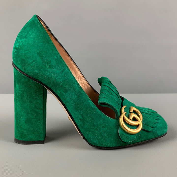 GUCCI GG Marmont 2.0 Size 7.5 Green Suede Fringe Chunky Heel Pumps