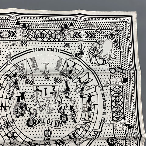 HERMES Hot to Trot Black White Silk Twill Bandana Scarf