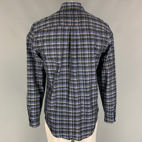 LOUIS VUITTON Size XL Blue Black Grey Plaid Silk Button Up Long Sleeve Shirt