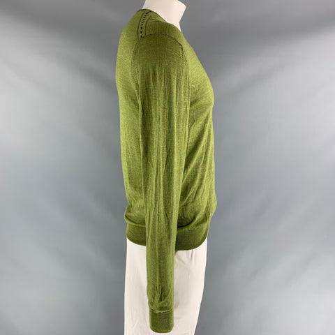 ETRO Size XL Green Contrast Stitch Wool &  Silk V-Neck Pullover