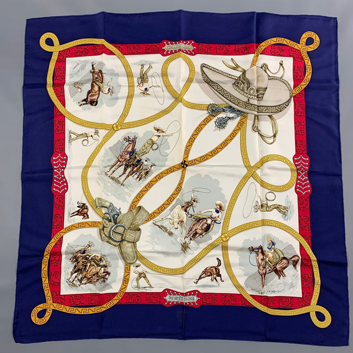 HERMES Blue Red White Equestrian Silk Charreada Scarf