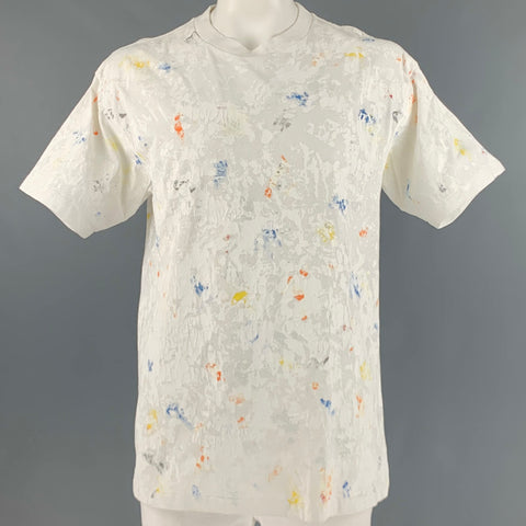 JOHN ELLIOTT Taille L T-shirt à col rond en coton éclaboussé multicolore blanc