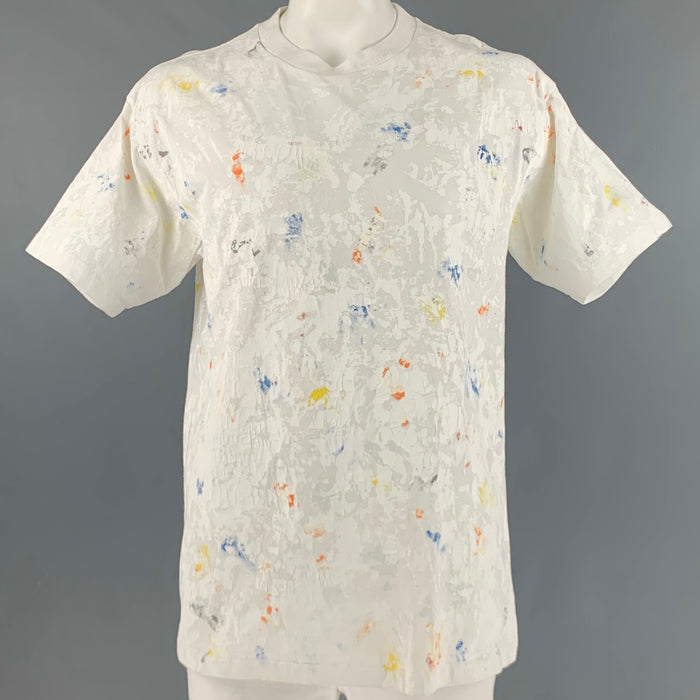 JOHN ELLIOTT Size L White Multi-Color Splattered Cotton Crew-Neck T-shirt