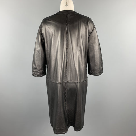 GIZIA Size 4 Black Leather Lamb Skin Braided Open Front Coat