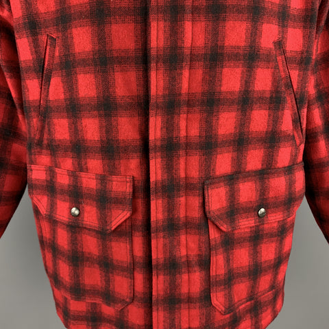 WOOLRICH Size L Red & Black Plaid Wool Hidden Buttons Hunter Coat
