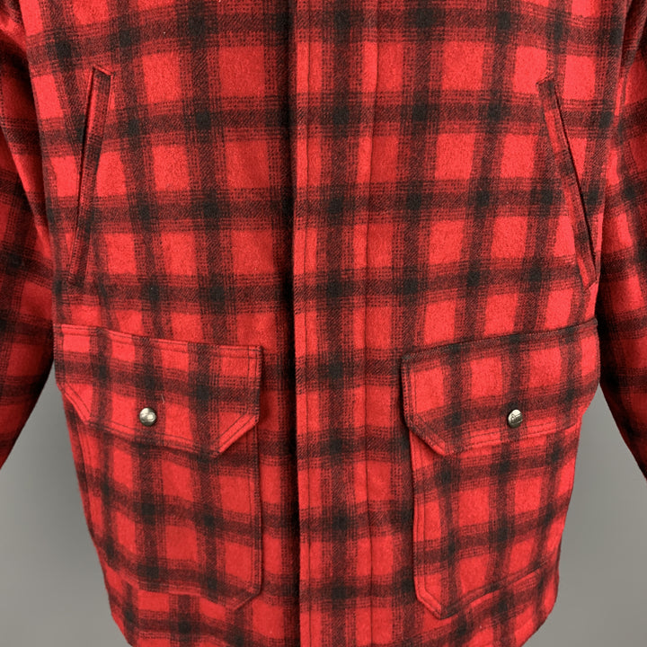 WOOLRICH Abrigo cazador con botones ocultos de lana a cuadros rojo y negro talla L
