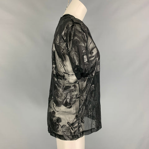 BLUMARINE Size L Black Silver See Through Short Sleeve Blouse