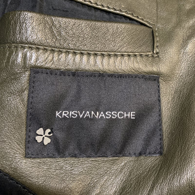 KRIS VAN ASSCHE Size S Olive Leather Pleated Zip Up Jacket