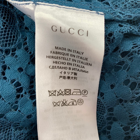 GUCCI S/S 16 Size L Teal Sheer Lace Embroidered Polyamide Blend Long Sleeve Shirt