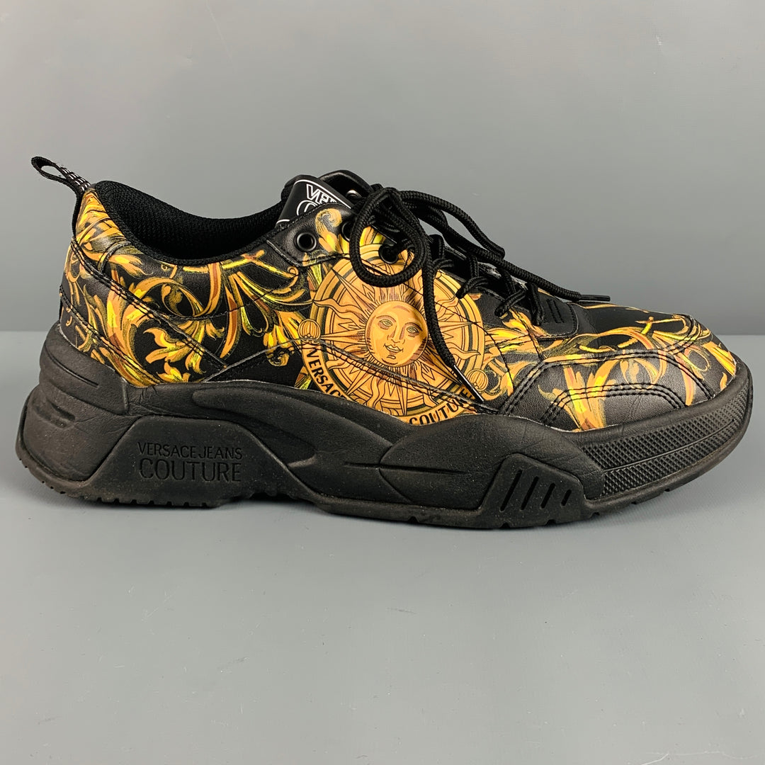 VERSACE JEANS COUTURE Size 10.5 Black Gold Baroque Leather Sneakers