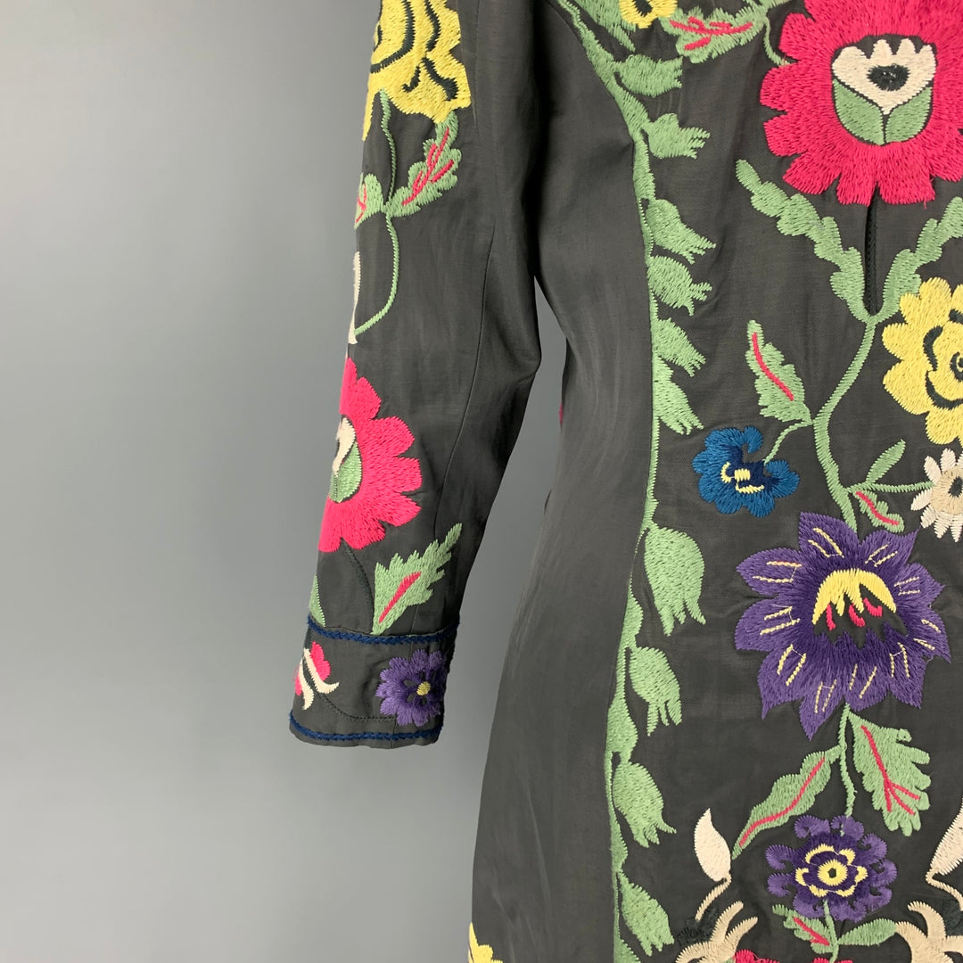 BIYA Size S Grey Multi-Color Rayon Linen Embroidered Hidden Snaps Coat