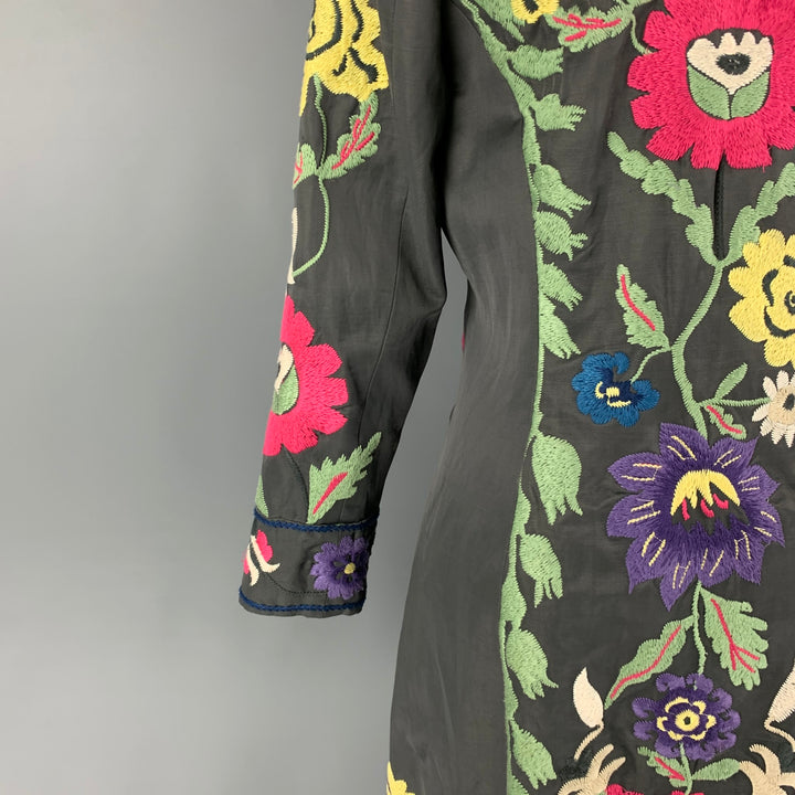 BIYA Size S Grey Multi-Color Rayon Linen Embroidered Hidden Snaps Coat