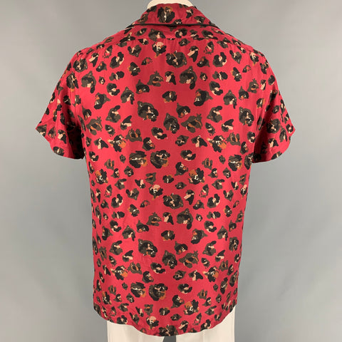 LANVIN Size M Burgundy & Black Print Silk Camp Short Sleeve Shirt