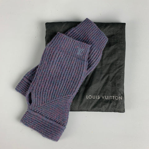 LOUIS VUITTON Navy Burgundy Ribbed Knit Cashmere Gloves