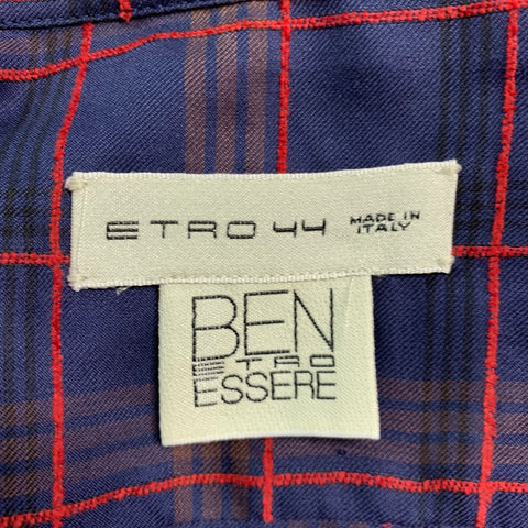 ETRO Size XL Navy Red Plaid Lyocel Cotton Button Up Long Sleeve Shirt