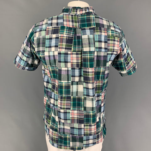 BEAMS Size XL Green Blue White Madras Cotton Long placket Short Sleeve Shirt